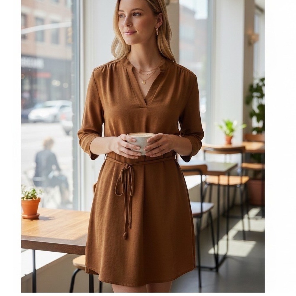 Meraki Women Camel Brown Split V-Neck Roll-Tab Sleeve Tie Waist Dress Small NWOT